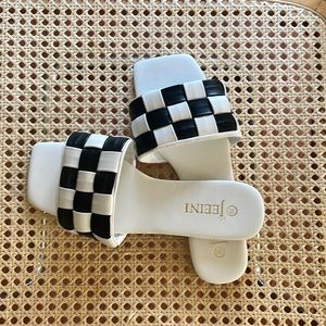 Black white checkered sandals. Women’s size 8/39.